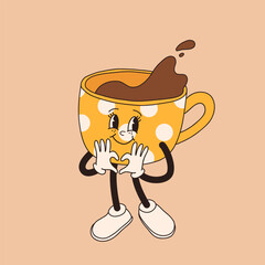Retro cartoon coffee cup character. Mug mascot in different poses. 60s 70s 80s groovy contour vector illustration. Espresso black coffee cup.