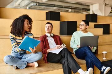 Multicultural students sitting on stage with laptops, participating in modern educational practices