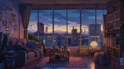 The warm glow of sunset floods an urban apartment, showcasing a comfortable living space with a stunning cityscape backdrop. Urban Apartment with Sunset City View lofi anime cartoon

