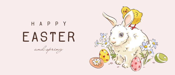 Happy easter web banner, wallpaper or greeting card with hand drawn easter bunny, easter egg, chicken and flowers on pink background. Vector illustration