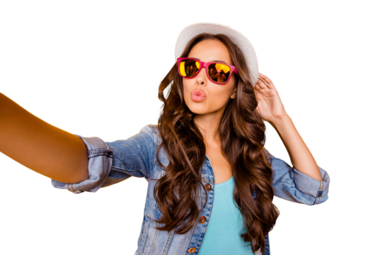 Close up photo beautiful her she wavy lady  hands arms sun hat make take selfies send air kiss instagram followers wear specs blue teal green everyday jacket clothes isolated yellow background