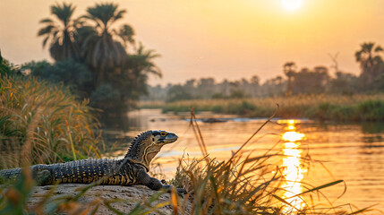 A nile monitor lizard lying on a river bench and looking at the sunset