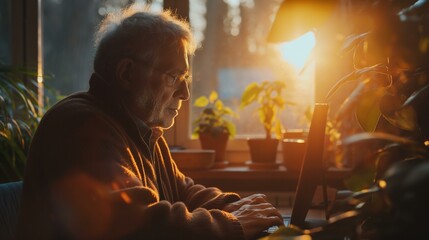 Elderly man sitting at computer in sun relaxation retirement casual clothing smiling