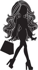 Detailed silhouette of a girl walking with shopping bag, vector art, full body, thick white outlines, long hair. Shopping woman silhouette vector illustration. - 780372479