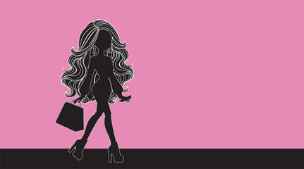 Detailed silhouette of a girl walking with shopping bag, vector art, full body, thick white outlines, long hair. Shopping woman silhouette vector illustration. - 780372601