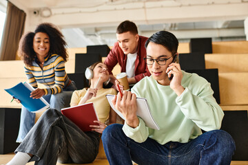 Multicultural students sit on the floor, absorbed in phone conversations, fostering connections in...