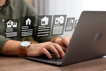 House search. Man choosing home via laptop at table, closeup. Illustrations of different buildings...
