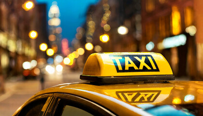 Extreme close-up of the illuminated Taxi sign on a roof of a car, in night city with bokeh effect...