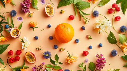 Fototapeta na wymiar Colorful Assortment of Fresh Fruits and Flowers Arranged on Peach Backdrop