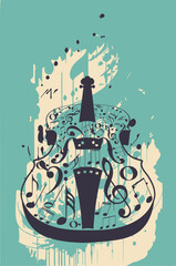 Violin with music notes and splatters. Vintage violin with music notes and grunge paint splatters illustration. - 780372696