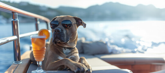 big dog wearing sunglasses, relaxing on yacht with a cocktail, summer vacation concept