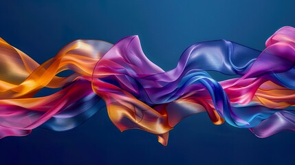 A vibrant array of silk ribbons flowing across a deep blue background, full of movement and color..