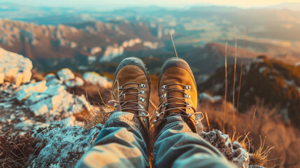 Close up of feet with hiking shoes from a man resting on top of a high hill or rock - Powered by Adobe