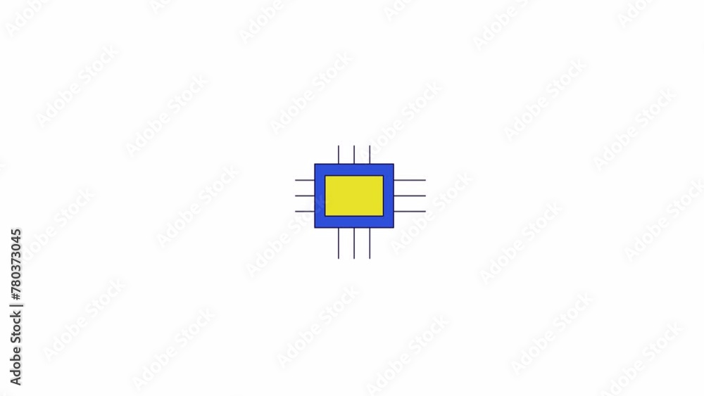 Poster microchip cpu line 2d object animation. computer electronic component. nanotechnology processor circ