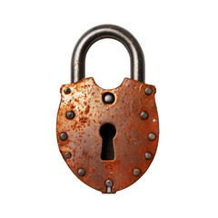 Old rusty closed padlock on a white and transparent background. PNG.