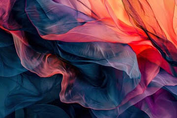 An artistic representation of silky fabric flowing, with a smooth transition of colors from purple to orange, resembling a sunset..