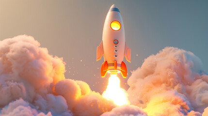 3D Rendered Rocket Launch with Dramatic Clouds and Glowing Engines