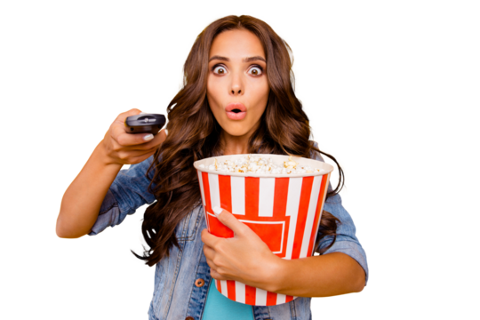Close up photo beautiful her she lady hold big large popcorn box stupor staring oh no expression change channel wear blue teal green short dress jeans denim jacket clothes isolated yellow background