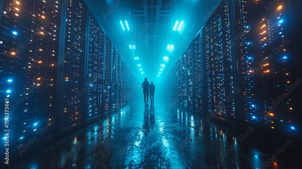 Poster two it specialists stand in a corridor of servers inside a data center, overseeing system performanc