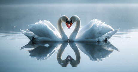 Two white swans in love, their necks gracefully arched to form the shape of a heart