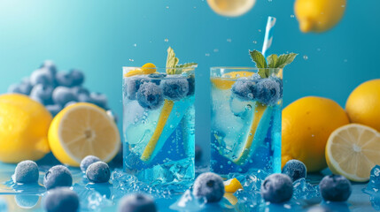 Glass jar, glass of cold refreshing blue lemonade with lemon and berries on a plain background. Refreshing drinks concept. - obrazy, fototapety, plakaty