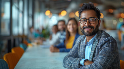 A collaborative and diverse team engaged in a discussion in a bright contemporary office setting, showcasing teamwork and professionalism. Indian man.