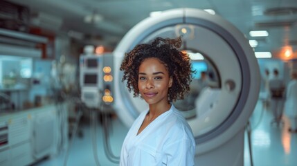 Portrait of a confident, multiethnic female radiologist in a high-tech hospital radiology room with MRI equipment in the background.