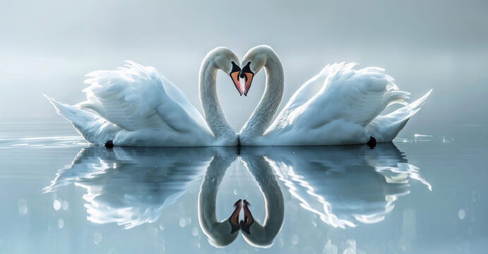 Two white swans in love, their necks gracefully arched to form the shape of a heart