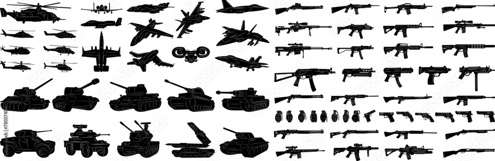 Wall mural weapons, tanks, combat aircraft set silhouette on a white background vector