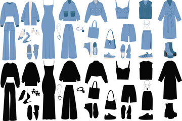 women's blue fashion clothes set in flat style on white background vector - 780374013