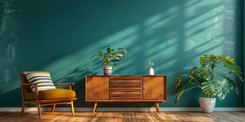  a wooden cabinet and chair, striped pillow on the sideboard, teak wood, oak slats a teal wall background, midcentury modern style,  - obrazy, fototapety, plakaty