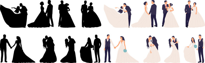 bride in dress and groom set in flat style on white background vector - 780374044