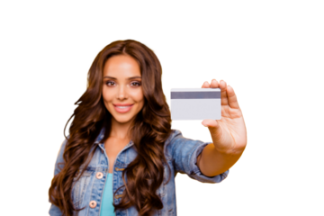 Close up photo beautiful her she lady hold show credit card wealthy self-confident bossy stunning rich shopper wear blue teal green short dress jeans denim jacket clothes isolated yellow background