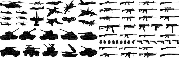 weapons, tanks, combat aircraft set silhouette on a white background vector