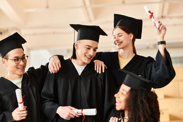 A varied group of students in graduation gowns and caps posing happily for a photo after completing...
