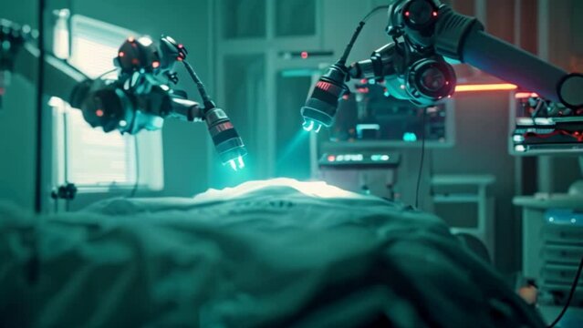 A futuristic medicine and laser surgery robot arm technology In the operating room for future precision surgery shows technological holograms.
