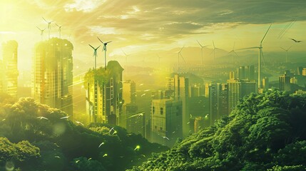 A radiant dawn illuminates an eco-friendly urban landscape, showcasing a harmony of green architecture and renewable energy turbines. Eco-Friendly Urban Landscape at Dawn

