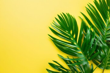 Large palm leaves on a yellow background, copy space