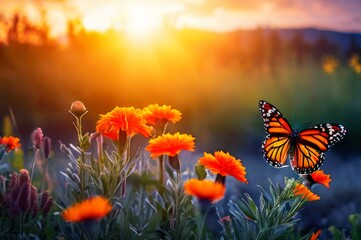 Monarch butterfly on a green meadow with flowers