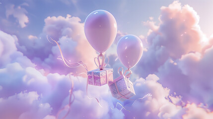 Whimsical Balloons Carrying Gifts Among Fluffy Clouds in Pastel Sky - obrazy, fototapety, plakaty