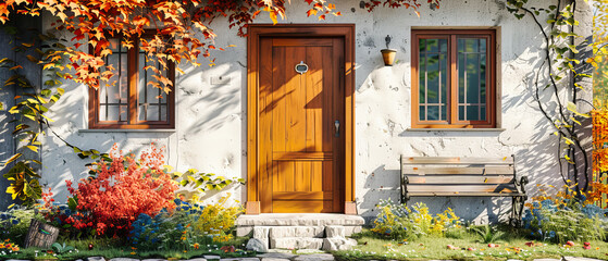 Fototapeta na wymiar Classic Home Entry, Elegant Doorway with Seasonal Decor, Welcoming Atmosphere in a Residential Setting