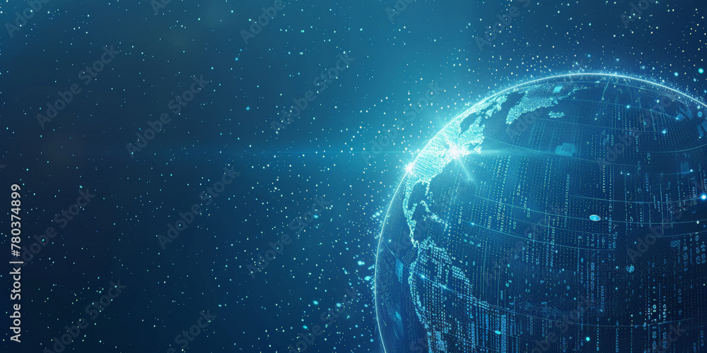 Poster a blue gradient background with a digital globe earth and circuit board elements, representing globa