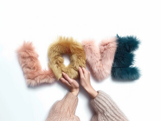Fuzzy letter LOVE in pastel shades. Playful message, soft texture.