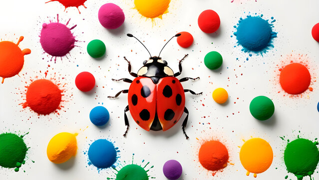 Illustration of ladybug surrounded by bright multicolored paint balls for design, banner, posters, spring summer poster.