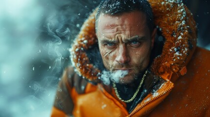 Close-up of a rugged man with piercing eyes, smoking in a snowy environment, exuding a sense of toughness and determination.