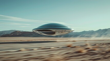 Fototapeta na wymiar Digital metal flying saucer desert scene poster background