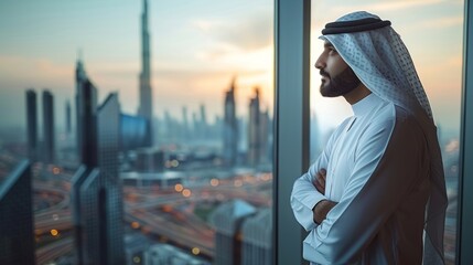 Successful Muslim businessman in traditional attire stands confidently, overlooking a bustling city...