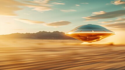 Digital metal flying saucer desert scene poster background