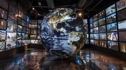This image depicts a large globe surrounded by screens displaying images of various international events, such as protests, wars, and political figures. The screens are all tuned to diffeGenerative AI - obrazy, fototapety, plakaty