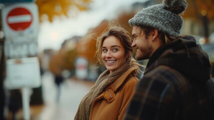 Fototapeta premium Smiling young couple, dressed in cozy autumn attire, embracing while enjoying a chilly day in an urban setting, showcasing warmth and happiness.
